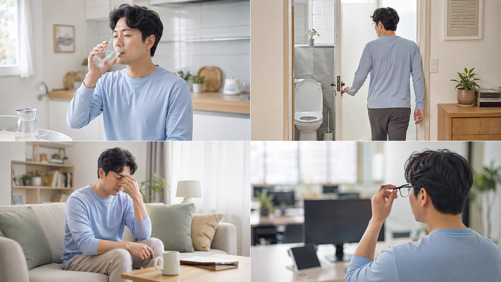 갈증, 잦은 소변, 피로, 체중 변화를 보여주는 당뇨 초기증상 설명 이미지