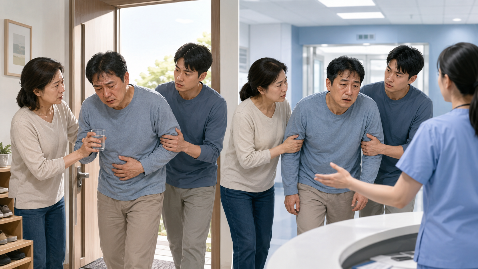 구토, 복통, 깊은 호흡 등 응급 신호가 있을 때 병원으로 이동하는 모습