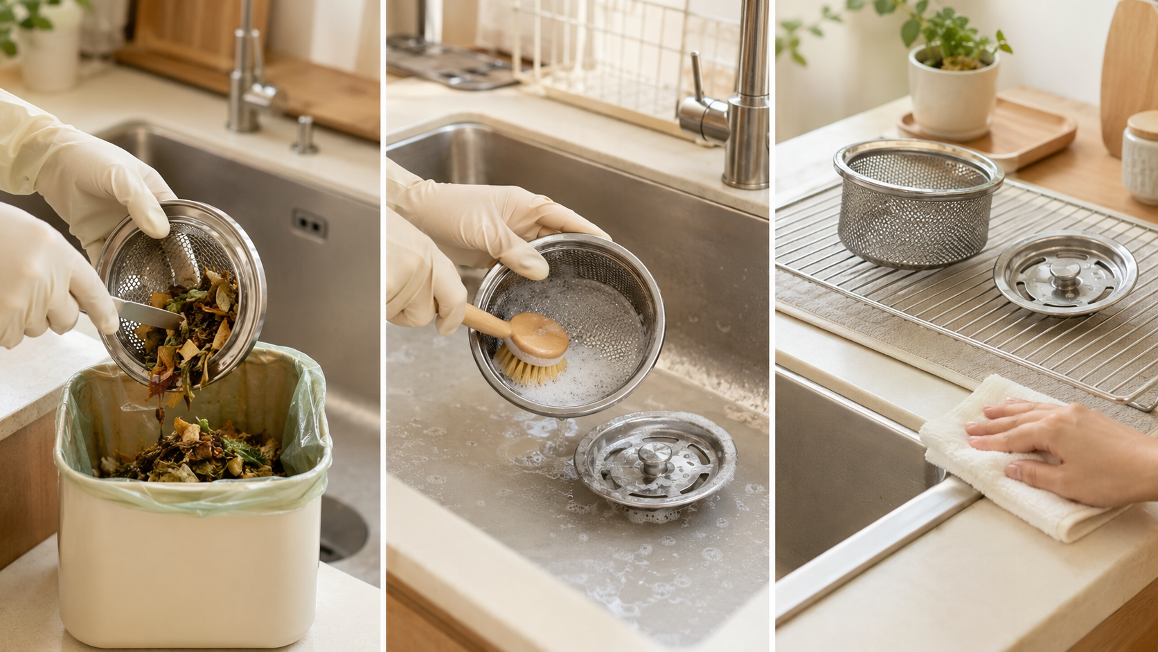 싱크대 배수망 음식물을 비우고 솔로 세척한 뒤 건조하는 순서