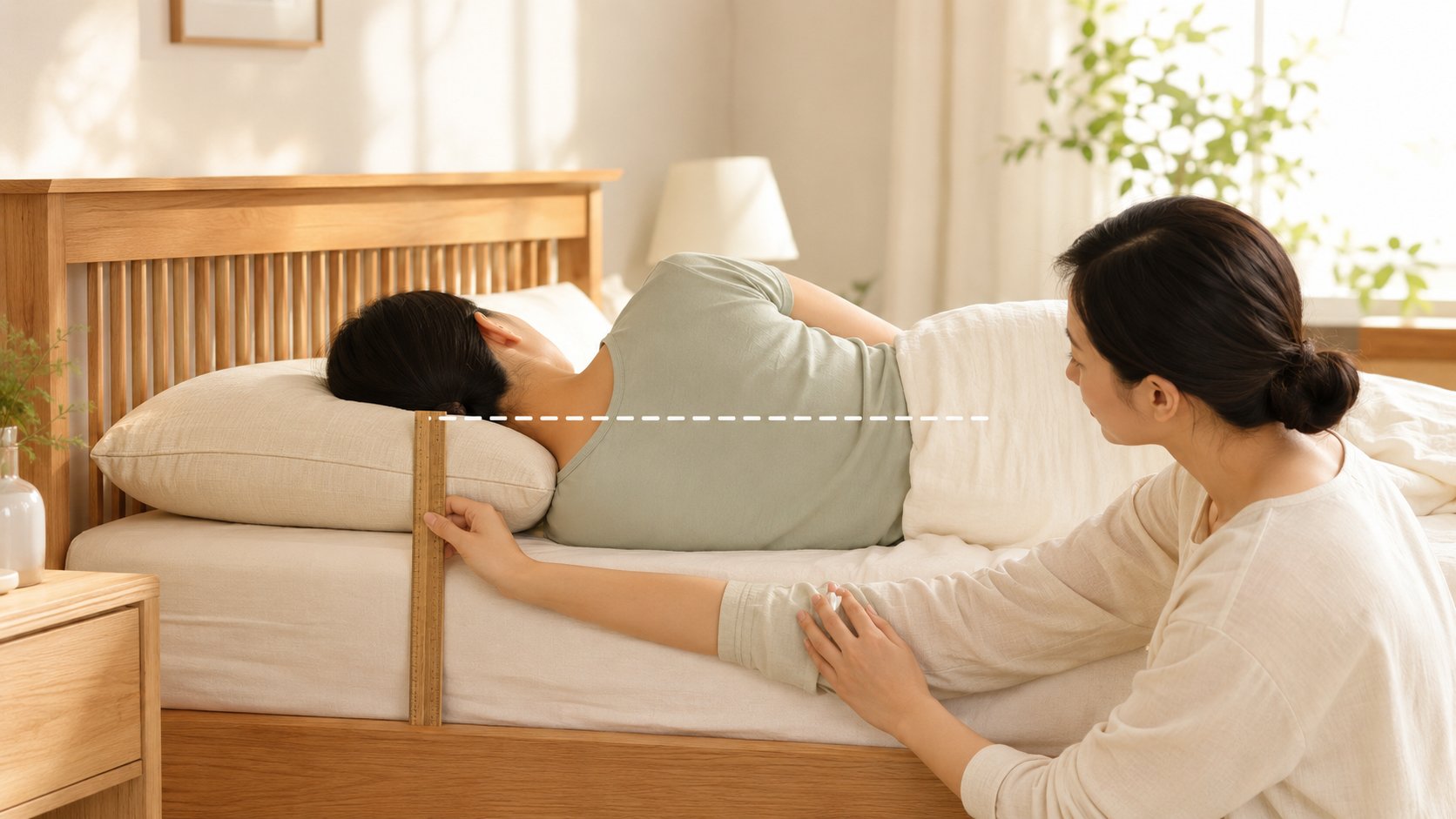 옆으로 누운 사람의 목과 척추 정렬을 뒤에서 확인하며 베개 높이를 재는 모습