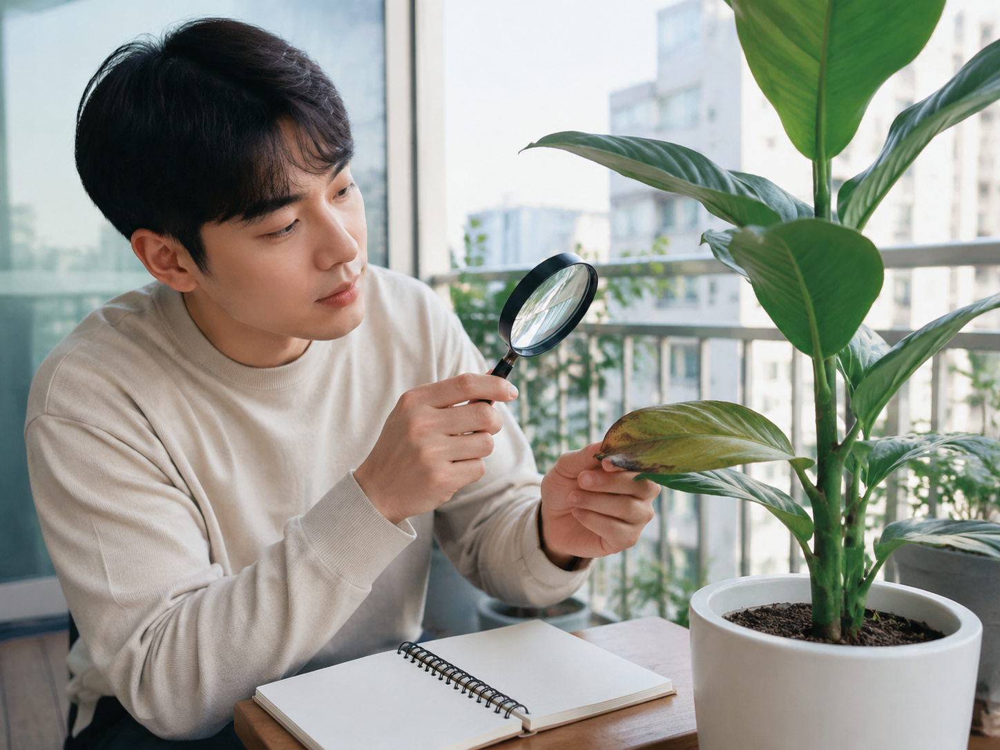 갈색으로 변한 오래된 잎과 새잎의 상태를 비교하는 모습