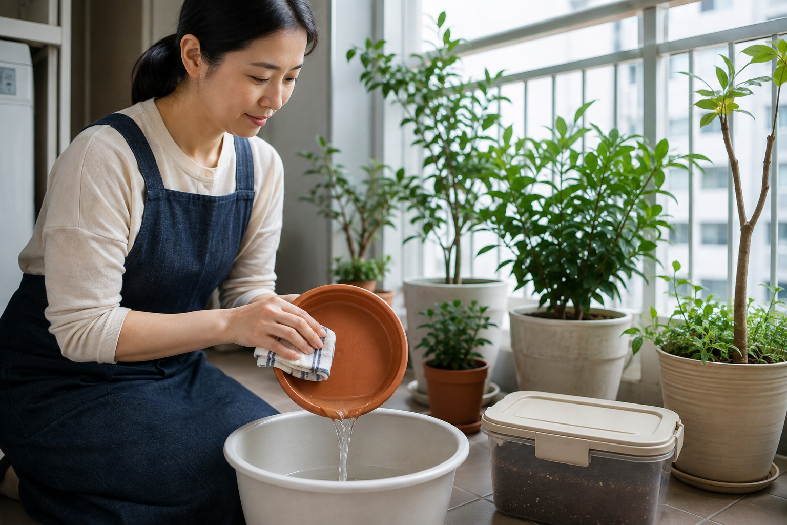 화분 받침의 물을 비우고 닦으며 남은 흙을 밀폐 보관하는 모습