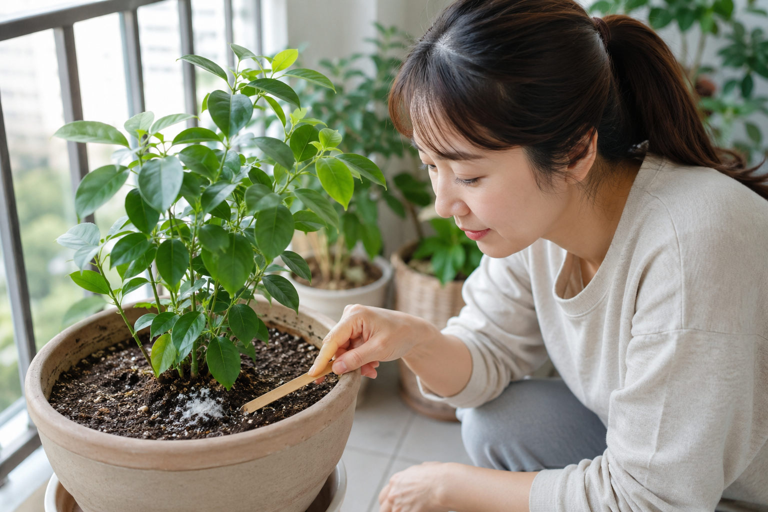 베란다 화분 흙 표면의 작은 하얀 흔적을 확인하는 모습