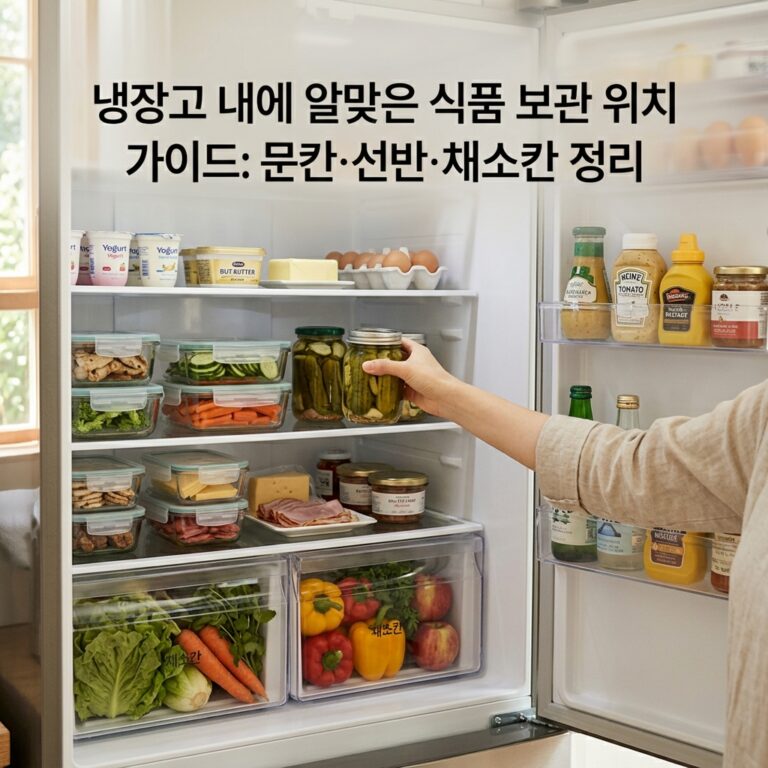 냉장고 내에 알맞은 식품 보관 위치 가이드: 문칸·선반·채소칸 정리