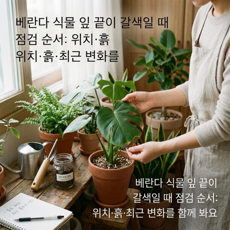 베란다 식물 잎 끝이 갈색일 때 점검 순서: 위치·흙·최근 변화를 함께 봐요