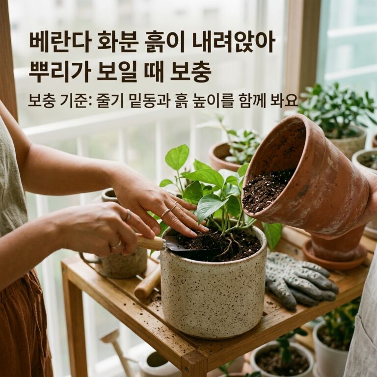 베란다 화분 흙이 내려앉아 뿌리가 보일 때 보충 기준: 줄기 밑동과 흙 높이를 함께 봐요