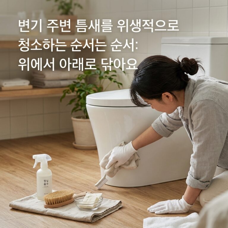 변기 주변 틈새를 위생적으로 청소하는 순서: 위에서 아래로 닦아요