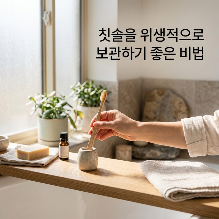 칫솔 보관 위치: 물 튀김을 피하고 세워 말려요