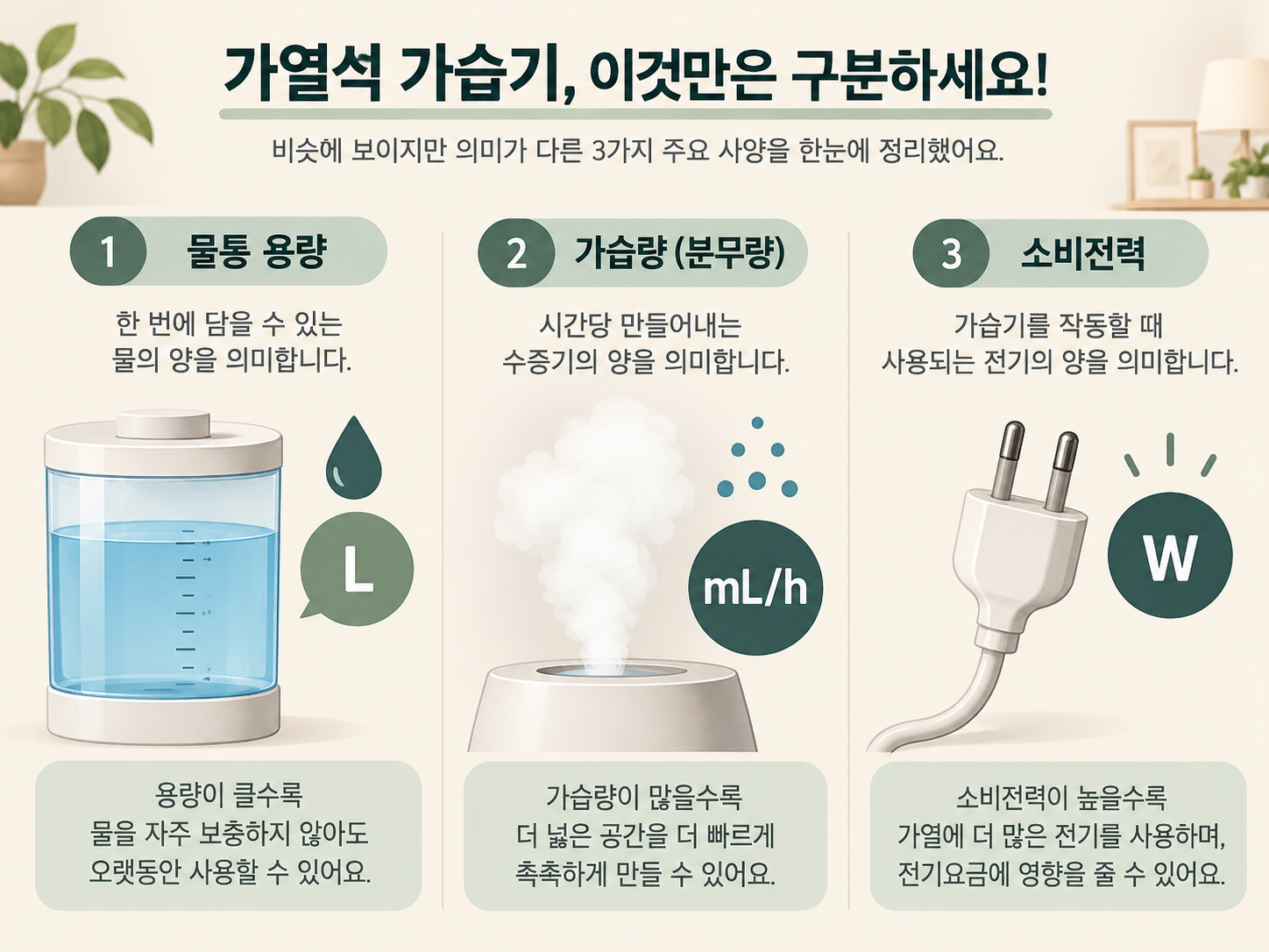 물통 용량과 가습량과 소비전력의 차이