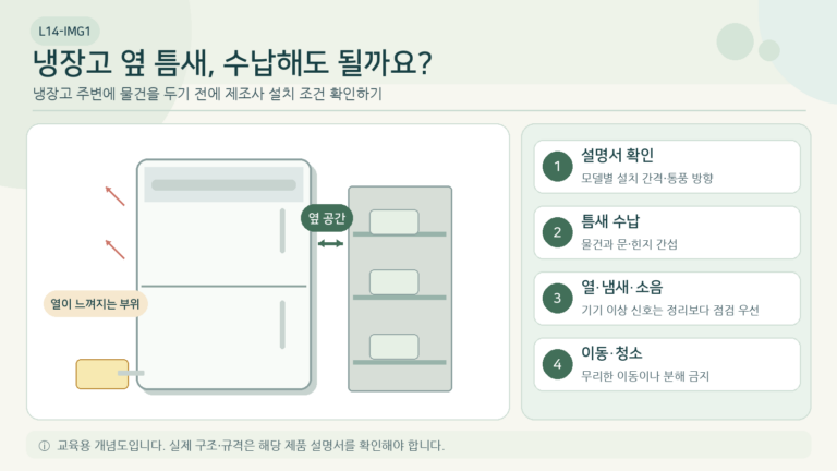 냉장고 옆면과 틈새 수납 공간을 확인하는 주방