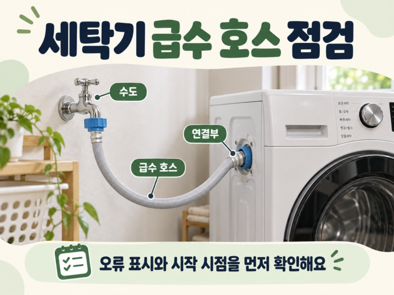 세탁기 급수 호스와 수도 연결 상태를 확인하는 모습