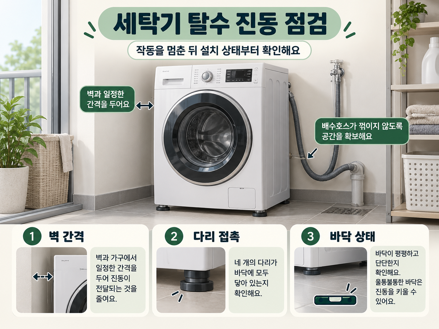 탈수 진동 점검을 위해 정지한 세탁기의 설치 상태