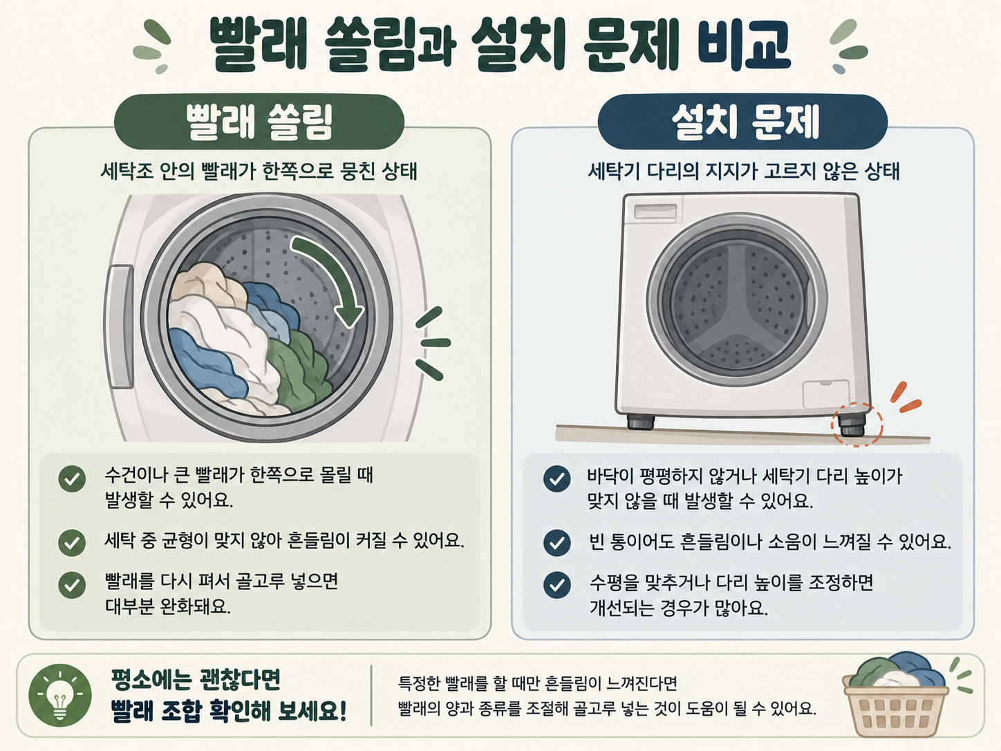 빨래 쏠림과 세탁기 설치 문제를 비교한 그림