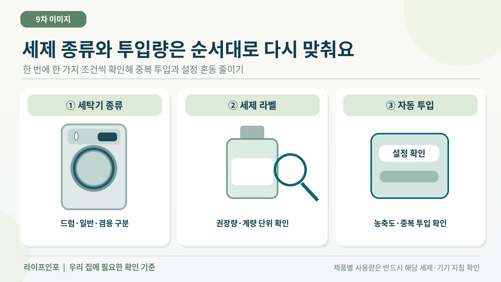 세제 종류와 투입량을 다시 맞추는 세 단계