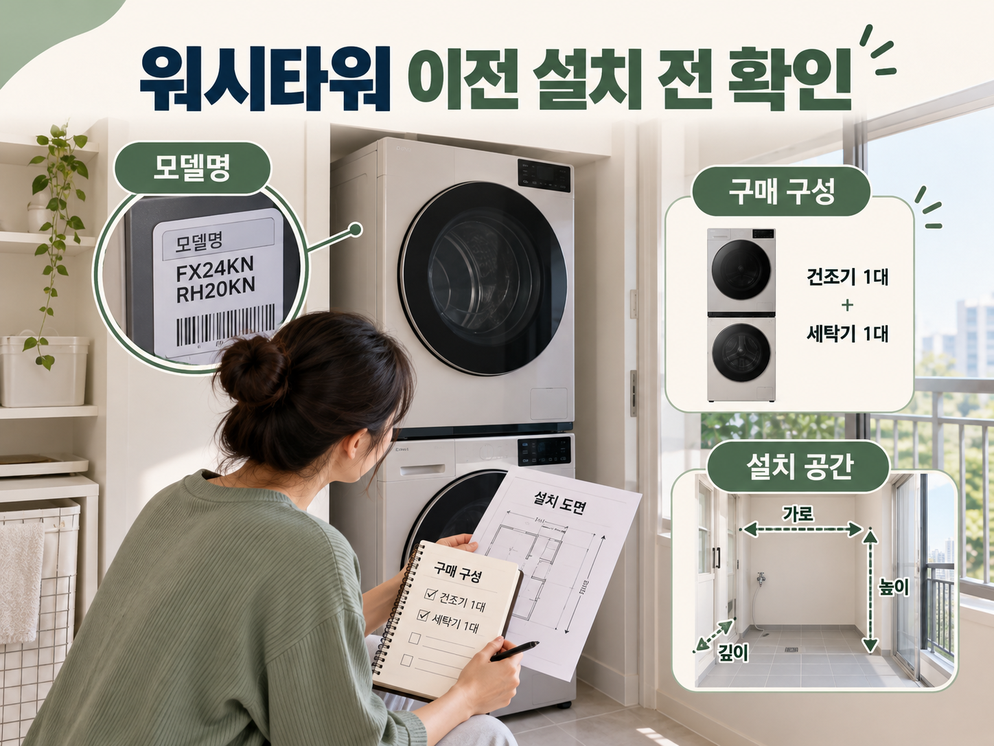 워시타워 이전 설치 전 제품 구성과 공간을 확인하는 모습