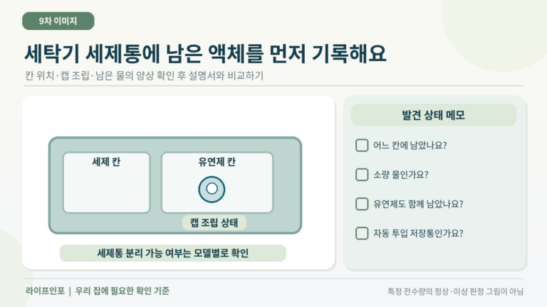세탁기 유연제 칸과 캡 조립 상태를 살펴보는 모습