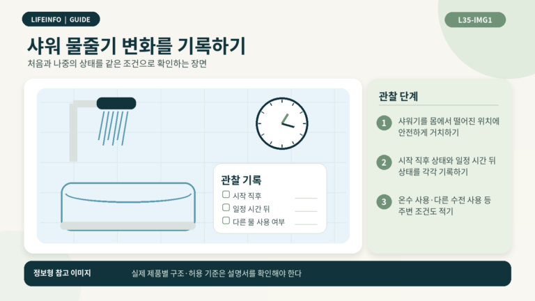 샤워기 물줄기가 약해지기까지 시간을 기록하는 모습