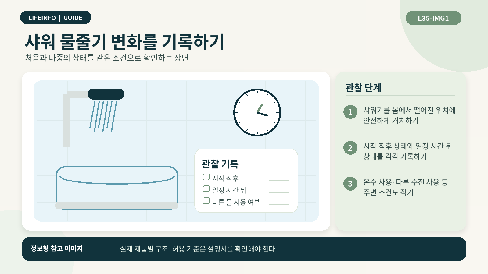 샤워기 물줄기가 약해지기까지 시간을 기록하는 모습