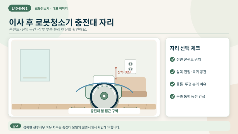 새 집에서 로봇청소기 충전대 자리를 확인하는 모습