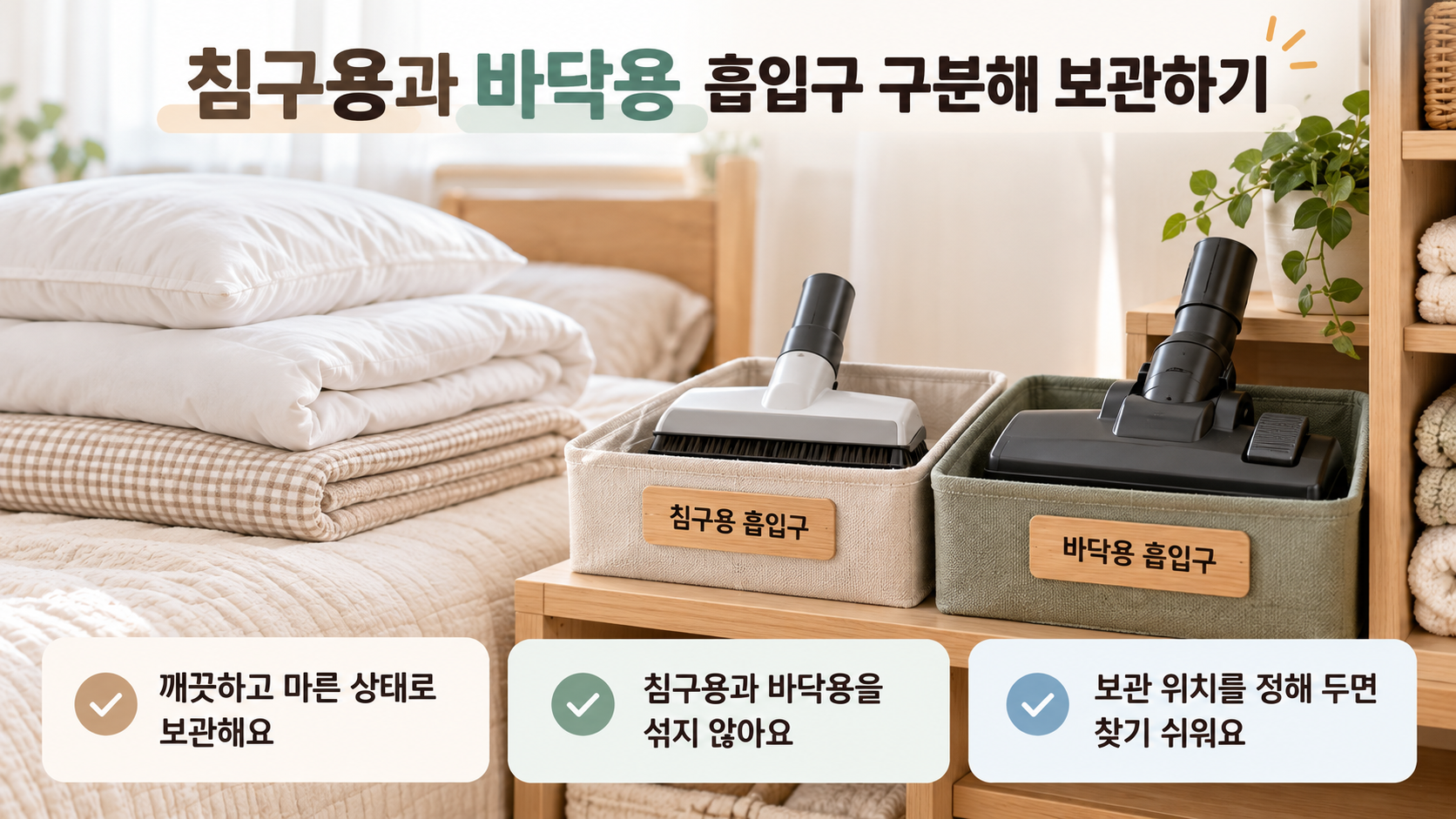 침구용과 바닥용 흡입구를 구분해 보관하는 모습