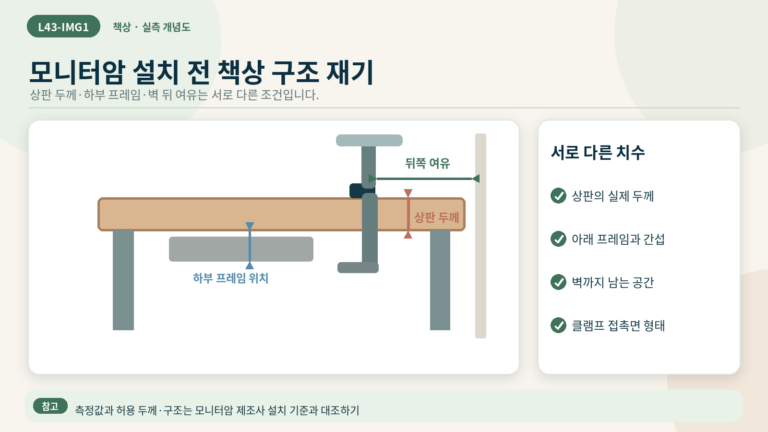 모니터암 고정 전 상판과 하부 프레임, 뒤 여유를 따로 재는 방법