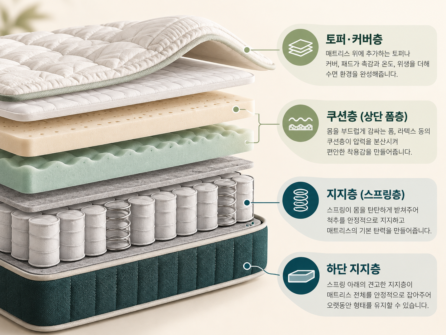 스프링 외에 쿠션층과 추가 침구의 소재도 확인해야 하는 구조