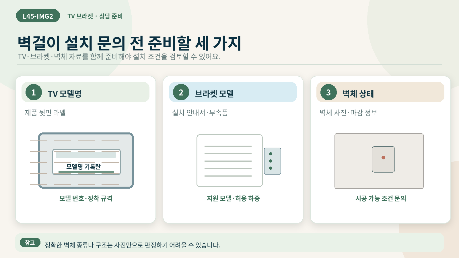 TV와 브라켓 모델, 벽체 조건을 함께 확인하는 비교 항목
