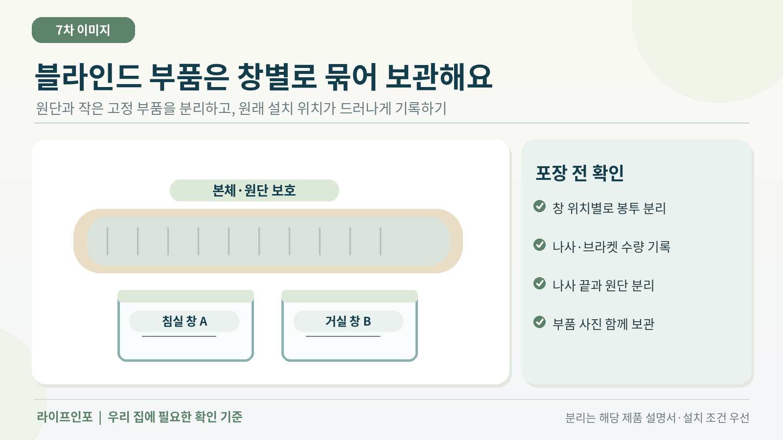 이사할 때 블라인드 부품을 창별로 구분해 보관하는 모습
