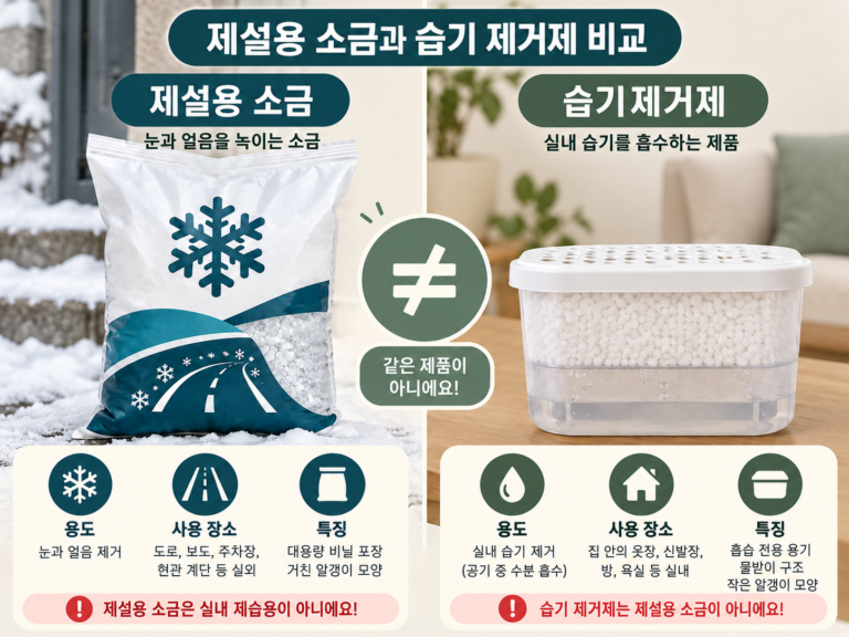 제설제와 실내용 제습제의 용도와 용기 구조를 구분하는 모습