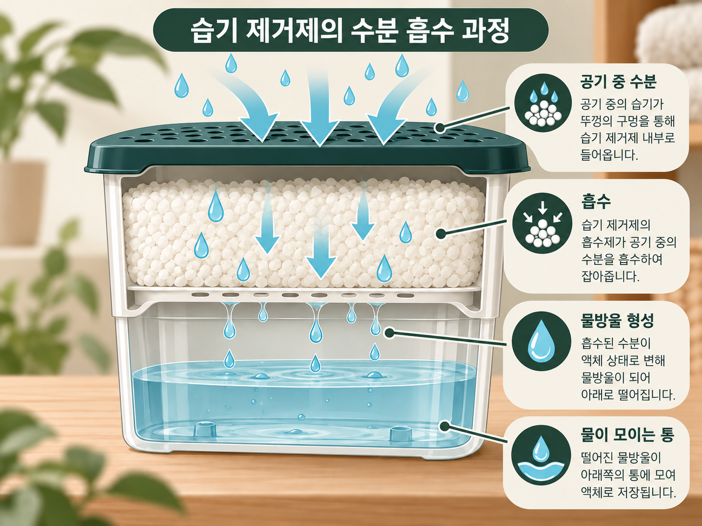 흡습제가 액체로 변해 아래 수집부에 모이는 원리